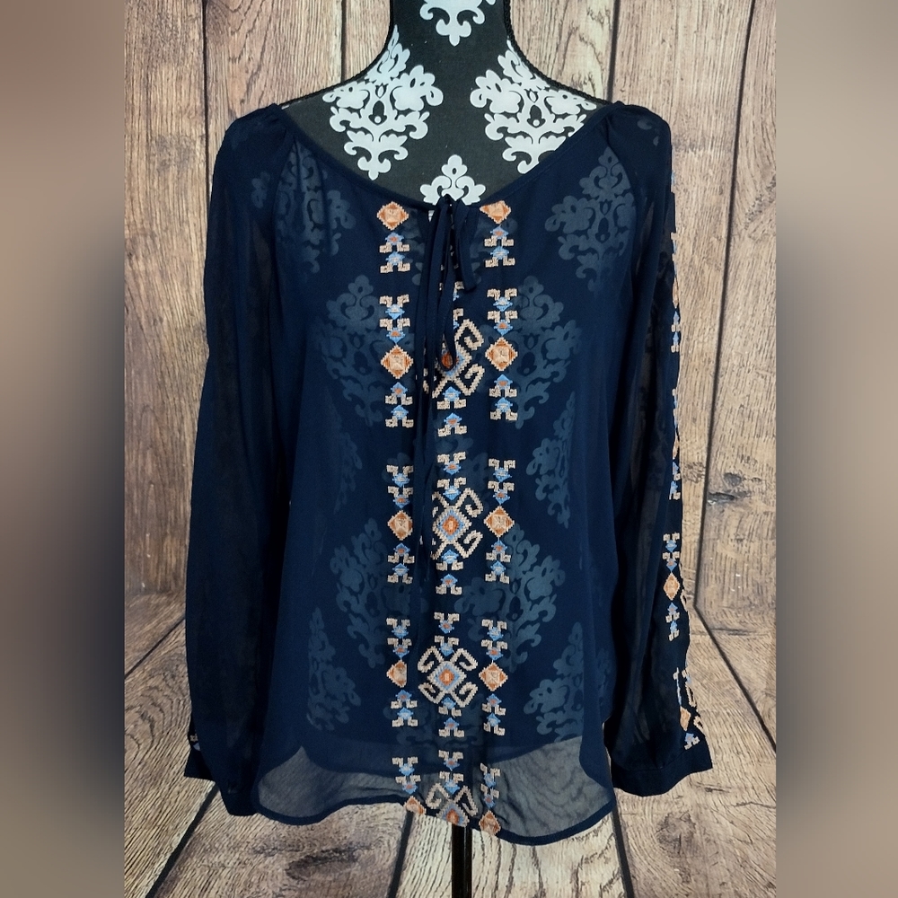 Blu Pepper Vintage Navy Blue Embroidered Blouse